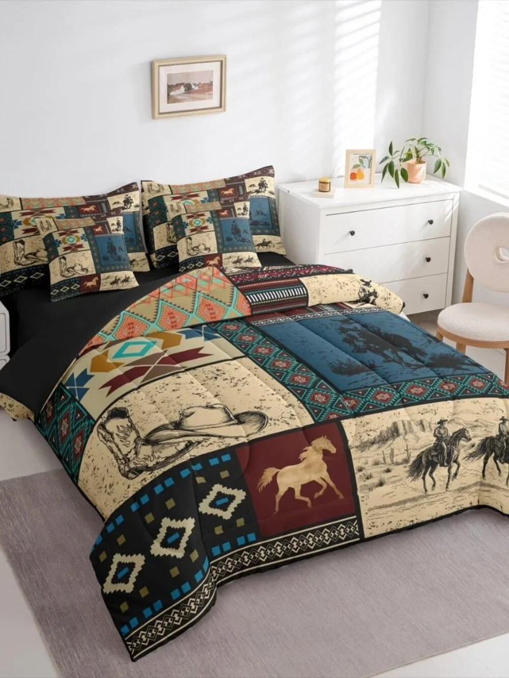 7 Pieces Western Cowboy Bedding Set King Size | Cowgirl Patchwork Southwestern C